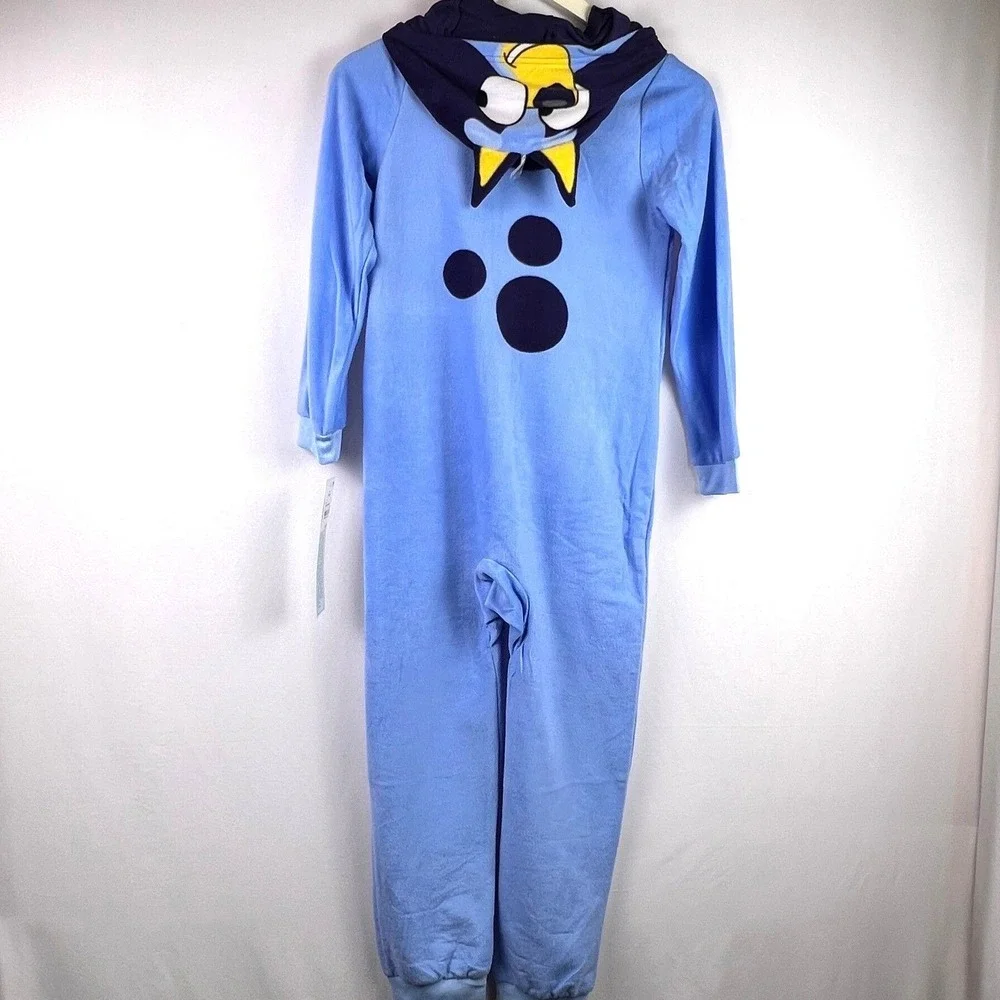Bluey Bandit Heeler Kids Union Suit Fleece Hooded One Piece Pajamas Blue Size M